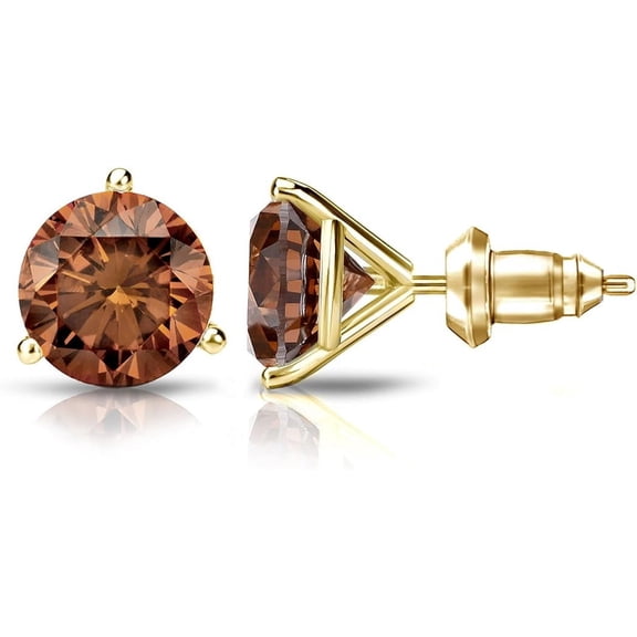 Dazzlingdaimonds Jewels 925 Sterling Silver 1.60Ct Round Cut Brown Diamond Lock Back Ladies Stud Earring's 14K Yellow Gold Plated For Women's