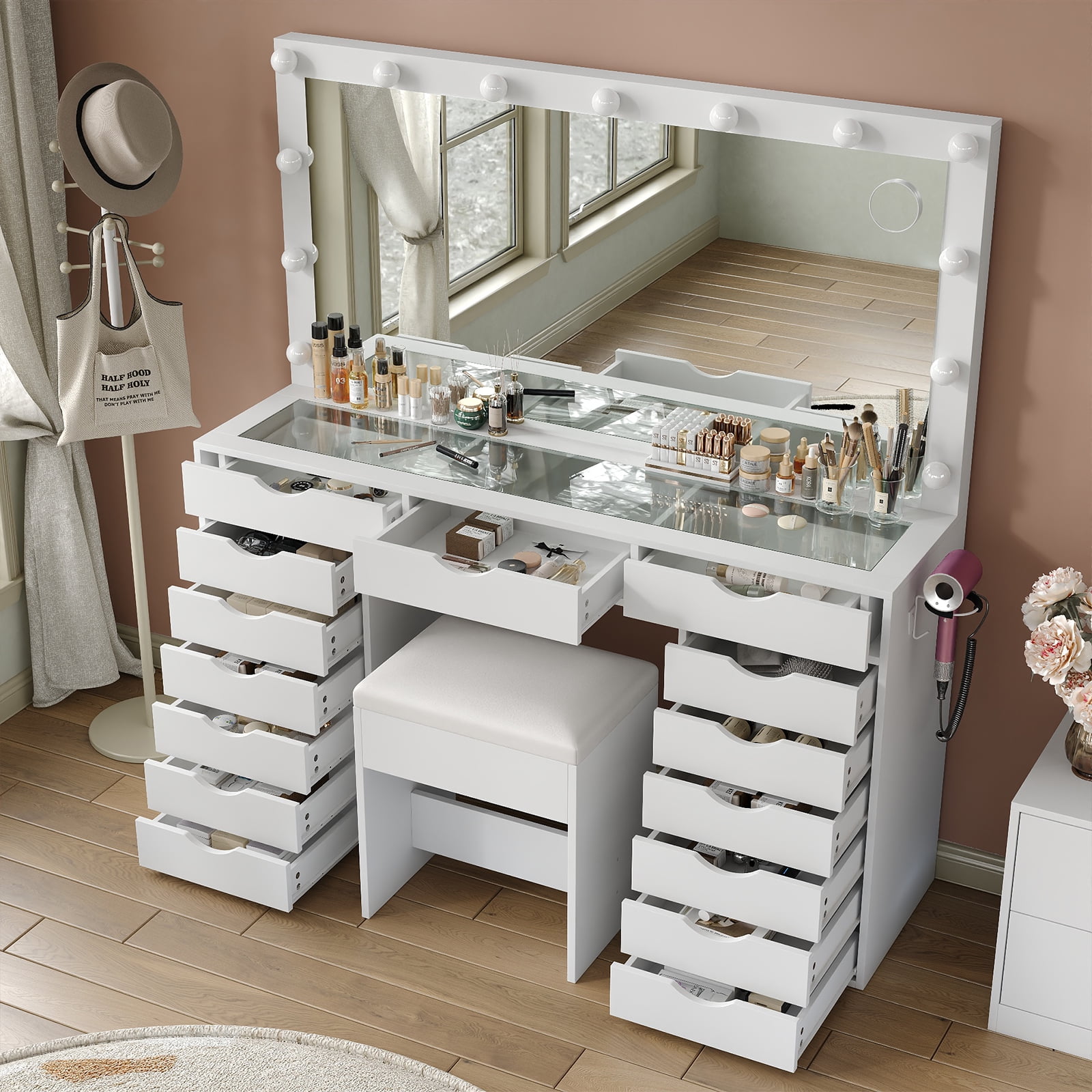 Yanosaku 15 Drawers Vanity Desk with Power Outlet, Makeup Table with Mirror and 13 LED Lights, 3 Color Lighting Modes, Brightness Adjustable, Glass Top Dressing Table, Vanity Set for Bedroom