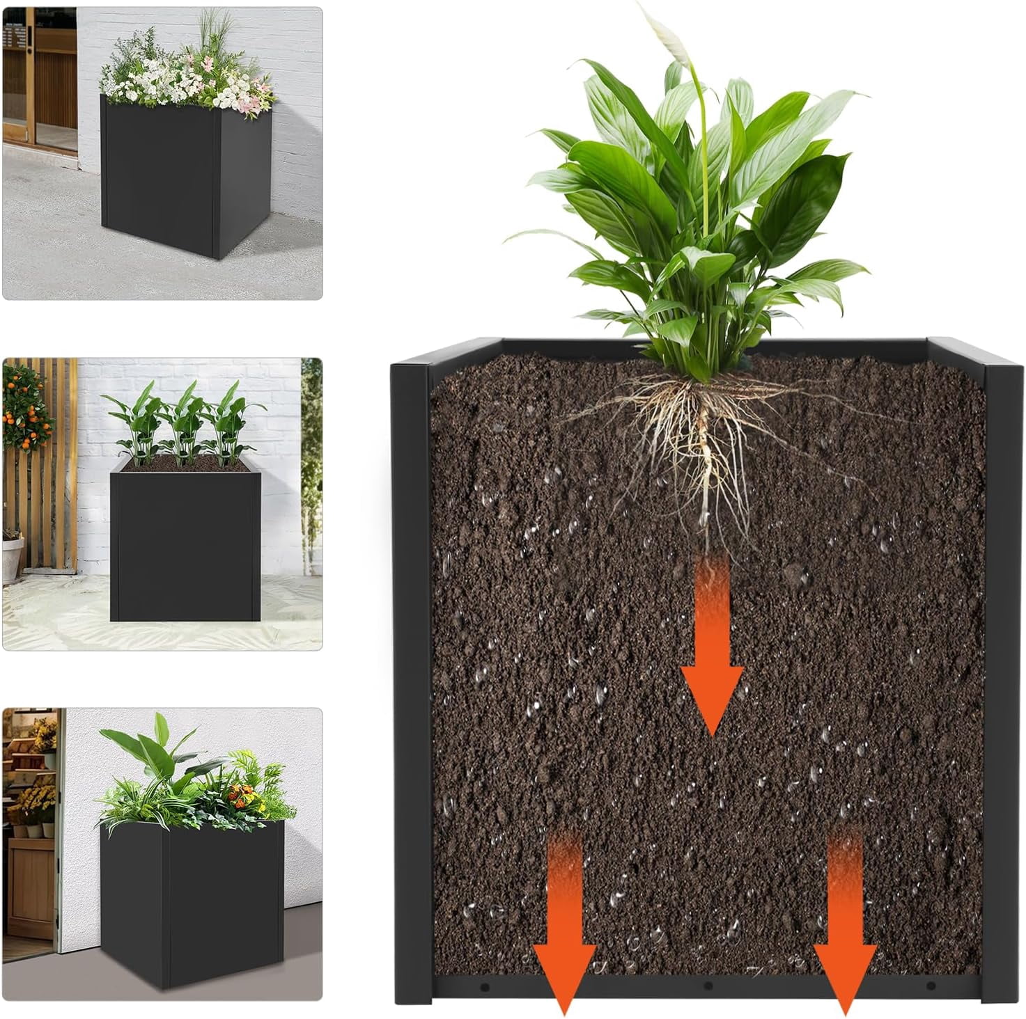 Large Black Square Planter, Cube Metal Planters Pot with Drainage Seams for Indoor and Outdoor, Heavy Duty Steel Flower Pots for Patio, Deck, Yard, Garden