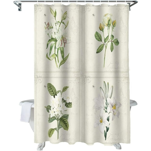 Shower Curtain White Lily Flowers Retro Shower Curtains for Bathroom Decor Floral Vintage Shower Curtain Sets with Hooks Waterproof Fabric Bath Curtain Extra Long 72" X 84"