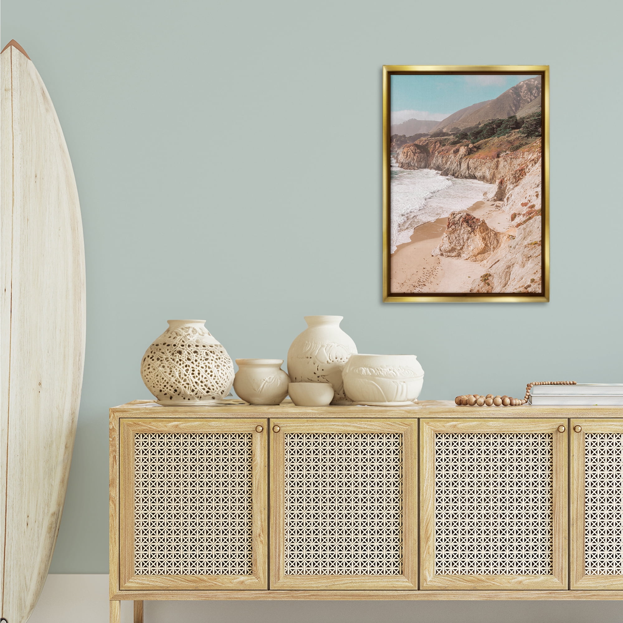 Stupell Industries Rocky Ocean Cove Landscape & Nature Photography Gold Floater Framed Canvas Art Print Wall Art, 21 x 31