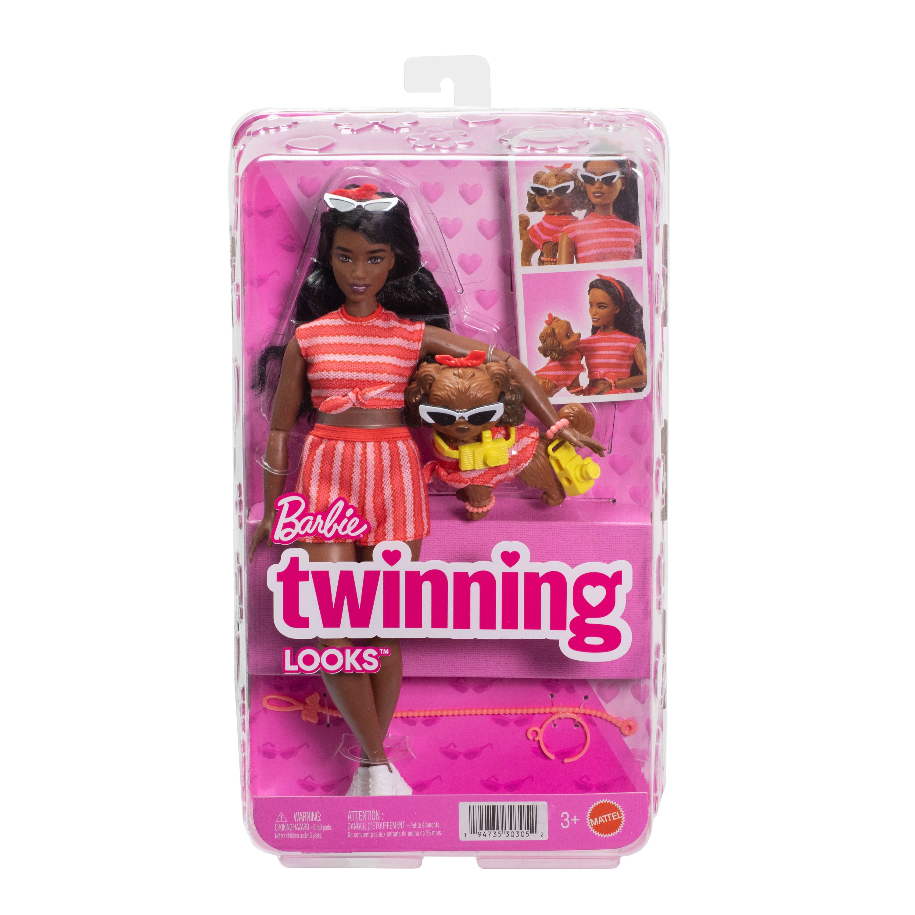 Barbie Twinning Looks Fashion Doll with Pet Dog, Matching Red Clothes & Accessories, Black Hair