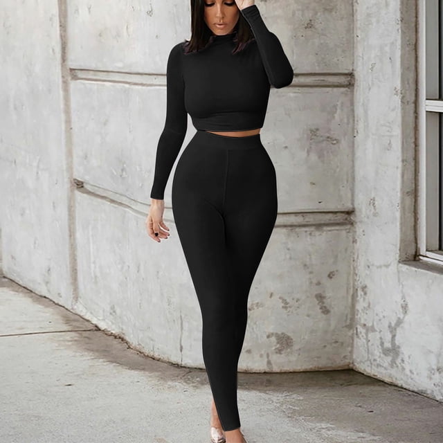 Georges Complets pour Femmes 2024 Ensemble Décontracté pour Femmes Couleur Hauts à Manches Longues à Col Rond Pantalons Taille Haute Complets de Sport