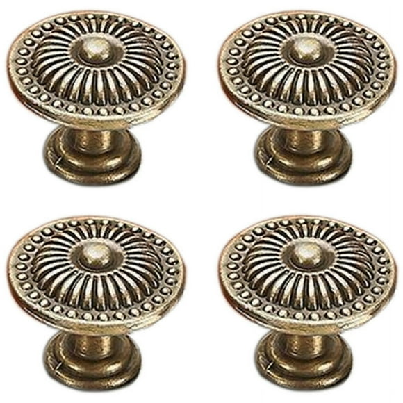 4X Vintage Carved Door Knob Round Cabinet Handle with Screws for Dresser Drawer Doors - Ø30mm