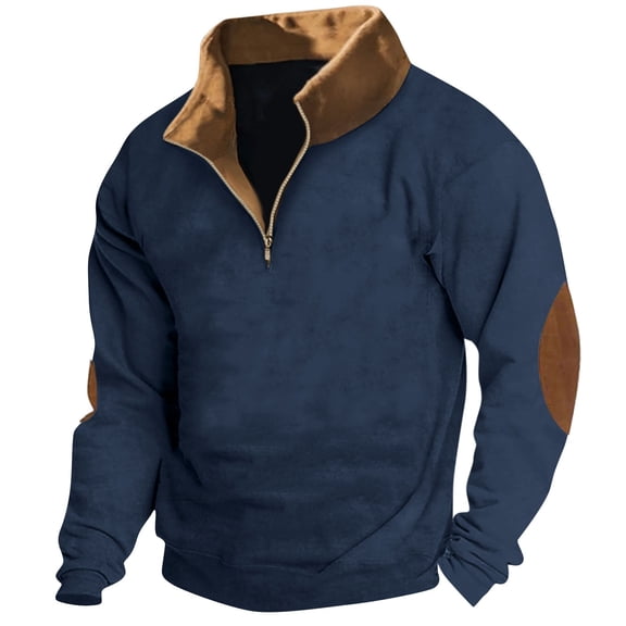 Huankd Men's Fleece Sweatshirts Vintage Quarter Zip Pullover shirt Casual Long Sleeve Sweatshirt Warm Tops Blue 4XL