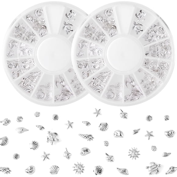 Pndeyo 2 Discos Océano Nail Art Charms Playa Estrella de Mar Concha de Mar Calcomanía de Uñas Aleación Gemas 3D Joyería Decoración Suministros para Manicura DIY Adornos 12 Estilo - Plata
