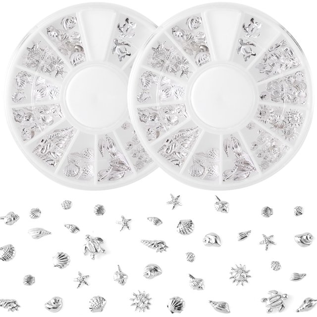 Pndeyo 2 Discos Océano Nail Art Charms Playa Estrella de Mar Concha de Mar Calcomanía de Uñas Aleación Gemas 3D Joyería Decoración Suministros para Manicura DIY Adornos 12 Estilo - Plata