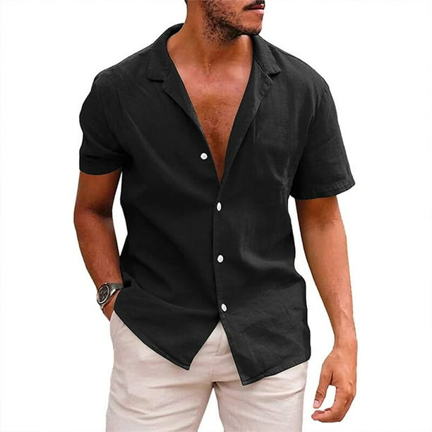 Camiseta de manga corta para hombre, camisa de lino y algodón de alta calidad, informal, transpirable, con solapa, para primavera y verano