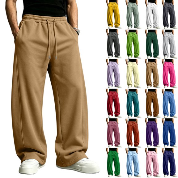 Men's Baggy Sweatpants Fleece Wide Leg Lounge Pants Drawstring Waist Loose Fit Cotton Jogging Sweat Pants with Pockets Khaki S