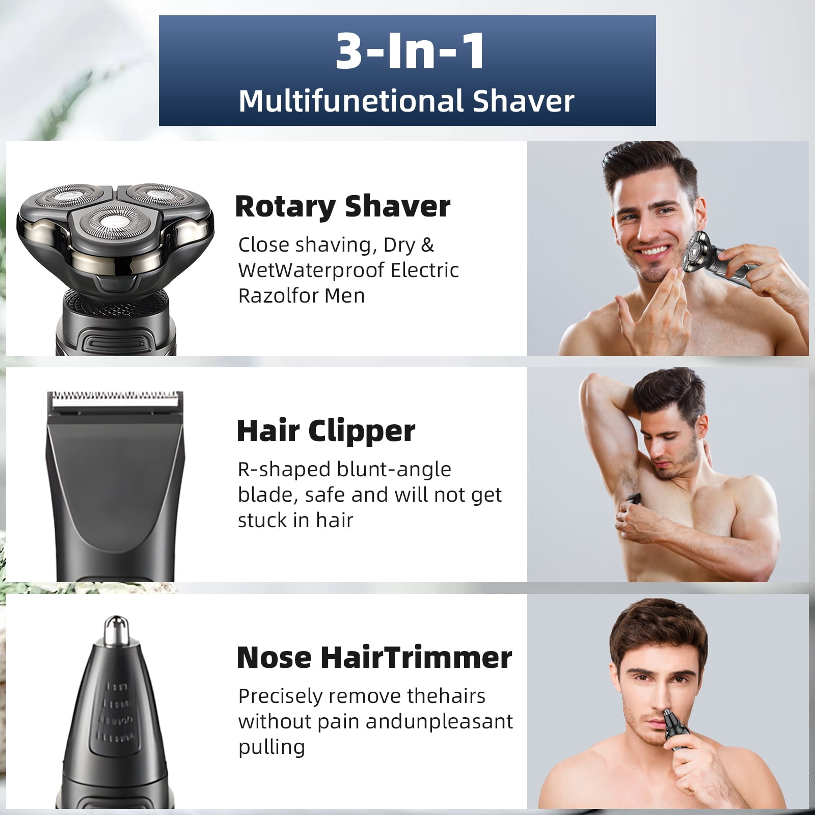 3 IN 1 Electric Razor for Men: Rechargeable Electric Shavers with Nose Trimmer Sideburns Trimmer,Waterproof Wet/Dry Grooming Kit