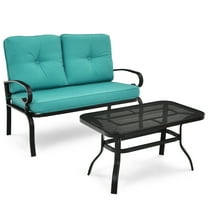 Patiojoy 2PCS Patio Conversation Set Outdoor Loveseat w/Coffee Table & Turquoise Cushions