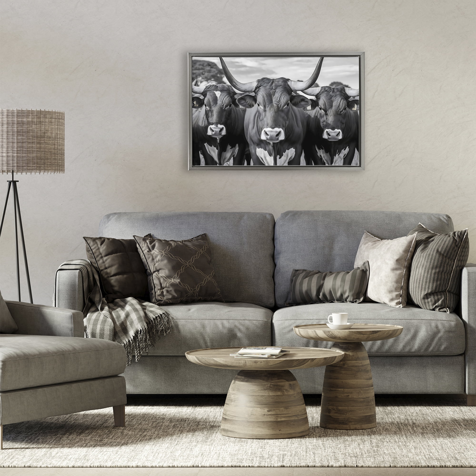 Stupell Industries Three Longhorns in a Row Gray Framed Floater Canvas Wall Art, design by Creative Studio