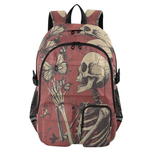 Large Capacity Student Backpack, 14 Inch Laptop Backpack, Wear-Resistant Polyester Travel Backpack with Reflective Strips for Commuting Outdoor Skeletons and Beautiful Big Butterflies