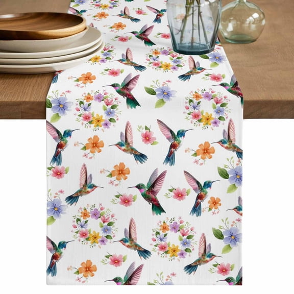 Table Runner 72 Inches Long for Kitchen Dining, Hummingbirds Dresser Scarf Farmhouse, Dining Table Decorations for Wedding/Parties, Spring Watercolor Flowers Leaf Plant 18 x 72 In
