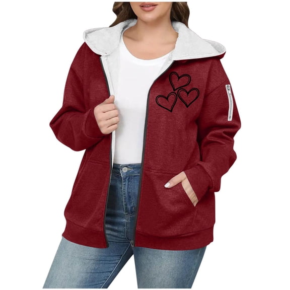 Women's Hooded Jackets Full Zip Heart Graphic Print Cardiagan Plus Size Thicken Thermal Sweatshirts Outwear With Pockets (XL, Red-A)