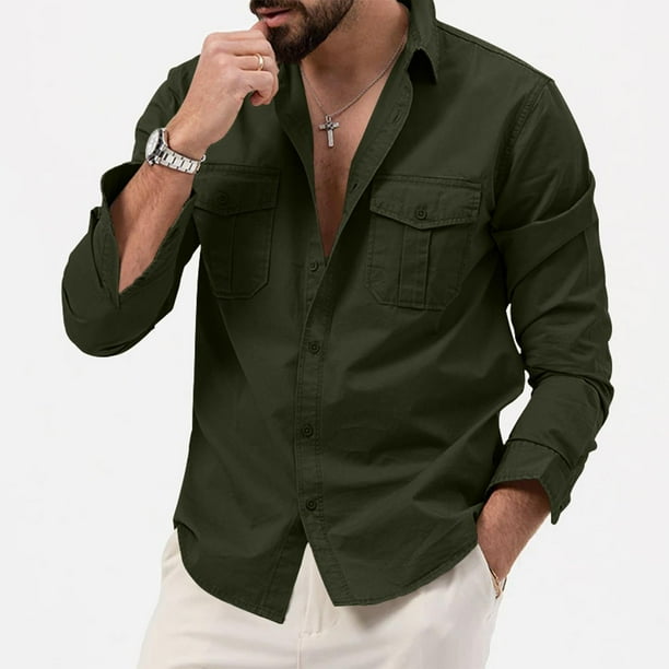 pstuiky camisas de manga larga para hombre, Camisa informal de moda para hombre, cuello vuelto, manga larga, transpirable, blusa tops de invierno para hombre xxl