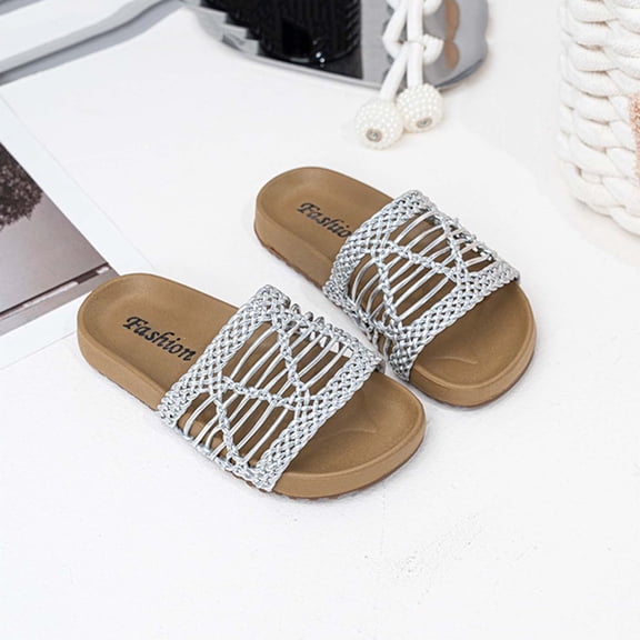 Girls Kids Non Slip Woven Slide Sandals Lightweight Breathable PU Sole Summer Beach Shoes Gray,Size 7 T