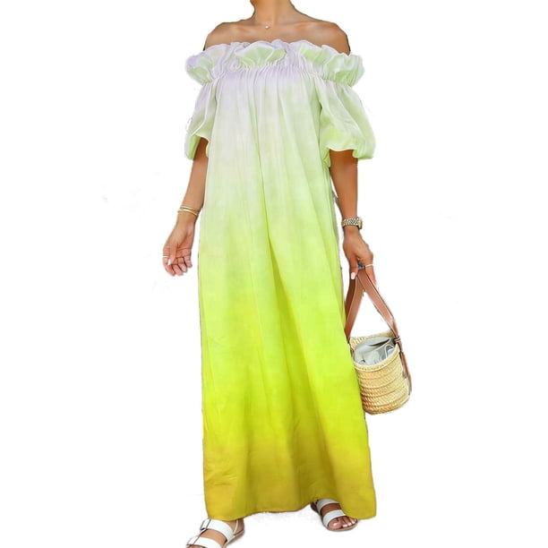 Mujeres Más Tamaño Manga Corta Tops Off-Hombro Ruffle Puff Manga Maxi Vestido, Vestido de Vacaciones de la Playa Gradiente Flujo para el Resort de Verano