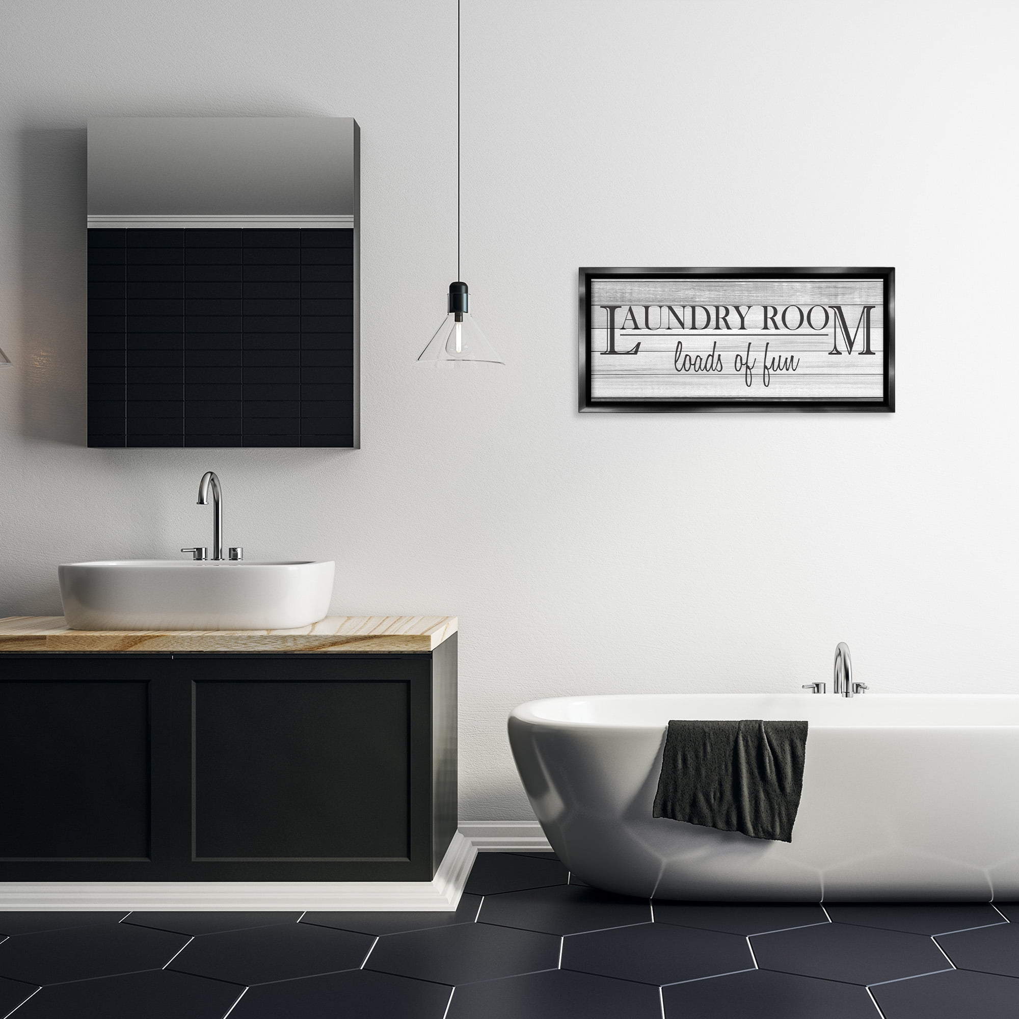 Stupell Industries Fun Laundry Room Funny Bathroom Typography Painting Black Floater Framed Canvas Art Print Wall Art, 31 x 14