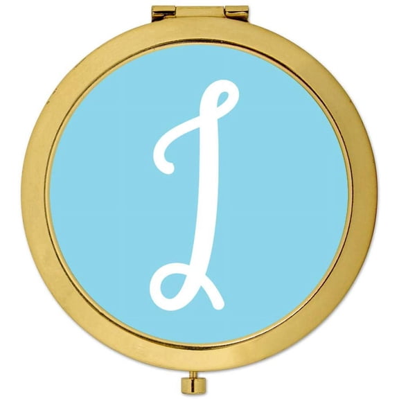 Koyal Wholesale Gold Compact Mirror Bridesmaid's Wedding Gift, Baby Blue, Monogram Letter I, 1-Pack