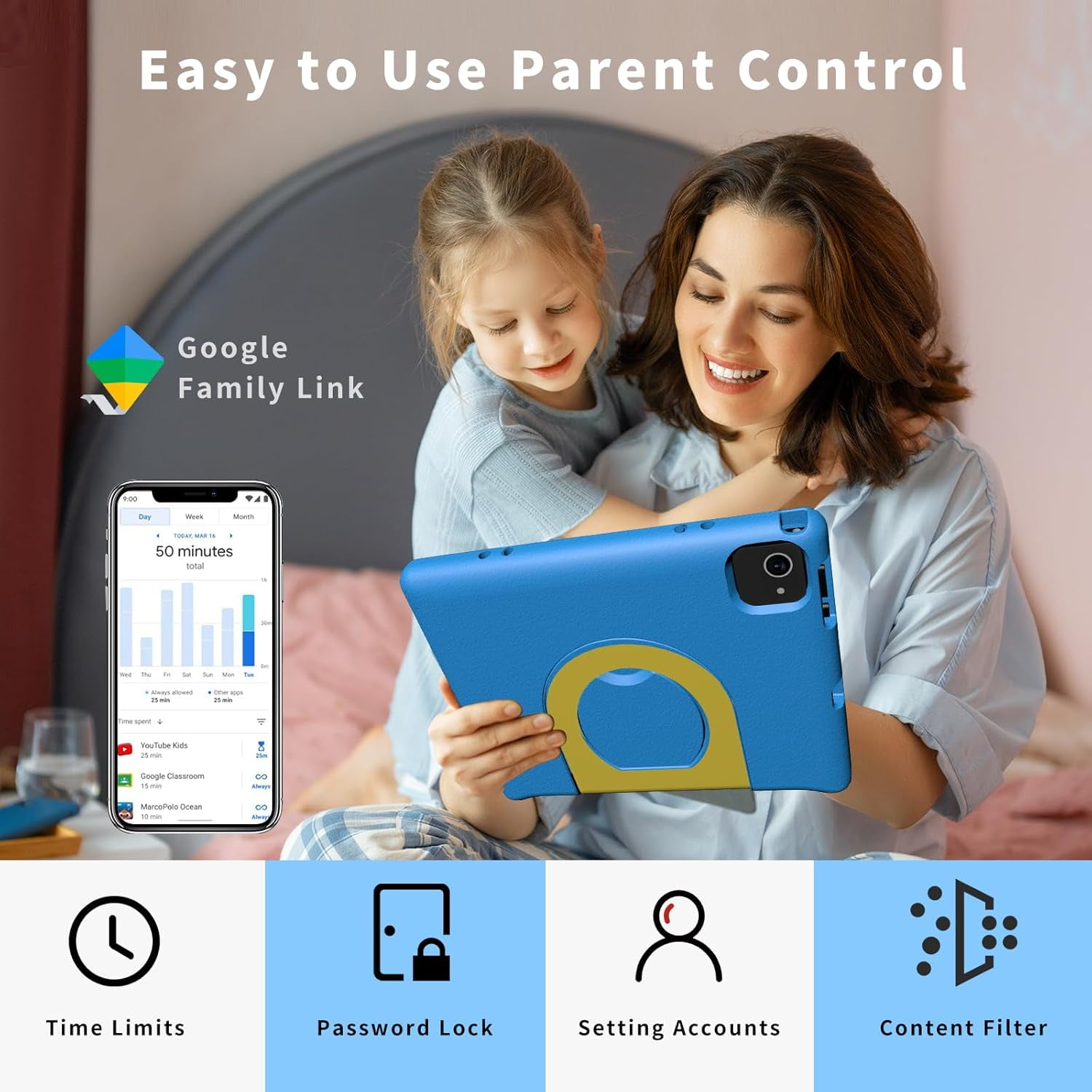 Kids Tablet with Strap, Android 14 Tablet for Kids 10 inch , Toddler Tablet Octa-Core 64GB 1TB Expandable, Children's Tablet with Case, Bluetooth WiFi Parental Control Dual Camera, 12-hr battery