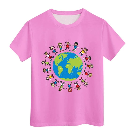 ibiyuan Girls Size 6 Shirts,Kids Summer Comfortable Breathable Short Sleeve Tops Children Earth Cartoon Printed Children's Day Clothing