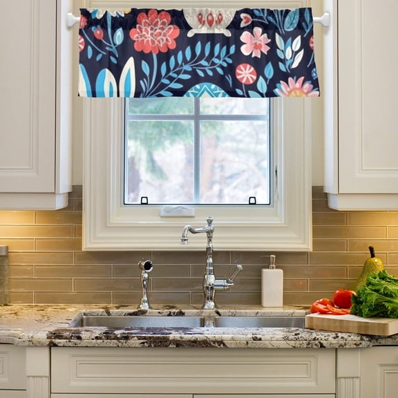 Easter Eggs Rabbits Flowers Leaves Curtain Valances Farmhouse Design Window Treatment Decor Blackout Rod Pocket for Windows Living Room Kitchen 54" x 18"