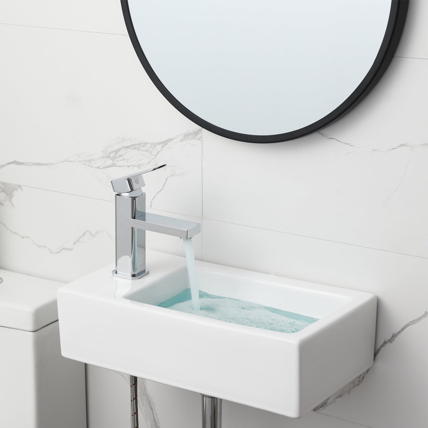 HOROW Bathroom Corner Sink, 18”x10" Small Wall Mount Sink Rectangle White Porcelain Ceramic Vessel Sink, Left Hand