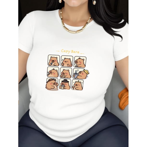 Women's Capybara Cartoon Print Casual T-Shirt - Comfortable, Breathable Polyester Blend, Short Sleeve Round Neck Tee for Casual Attire, Casual Wear Tee|Round Neck Tshirt|Nontransparent Fabric
