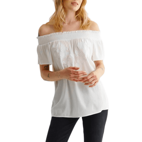 Lucky Brand Women's Off The Shoulder Embroidered Top Blouse-White / S