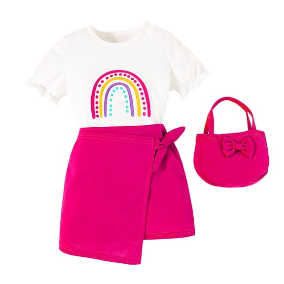 Toddler Girls Outfits Dressy Outfits Kids Baby Spring Summer Print Cotton Short Sleeve Tops Tshirt Skirts Bag Fall Girls Clothes 4 Years-5 Years