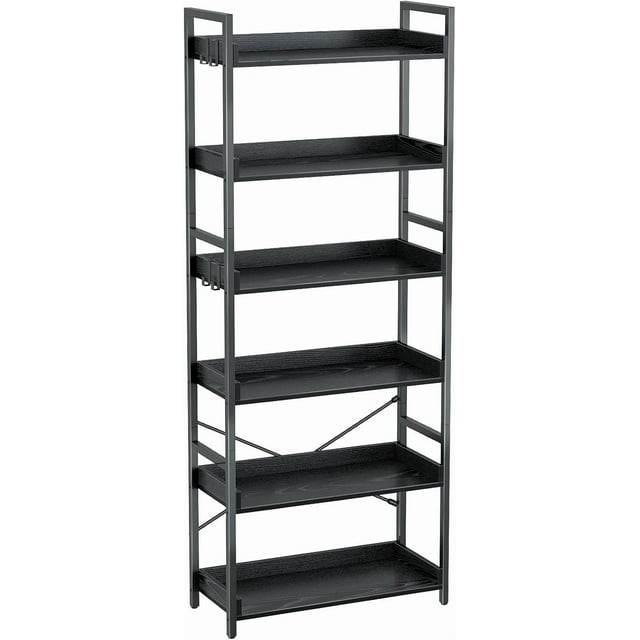 Rolanstar Bookshelf Tier with Hooks Industrial Wood Bookcase Vintage Storage Rack with Open Shelves Rustic Standing Bookshelves Metal Frame Display Rack for Living Room Bedroom