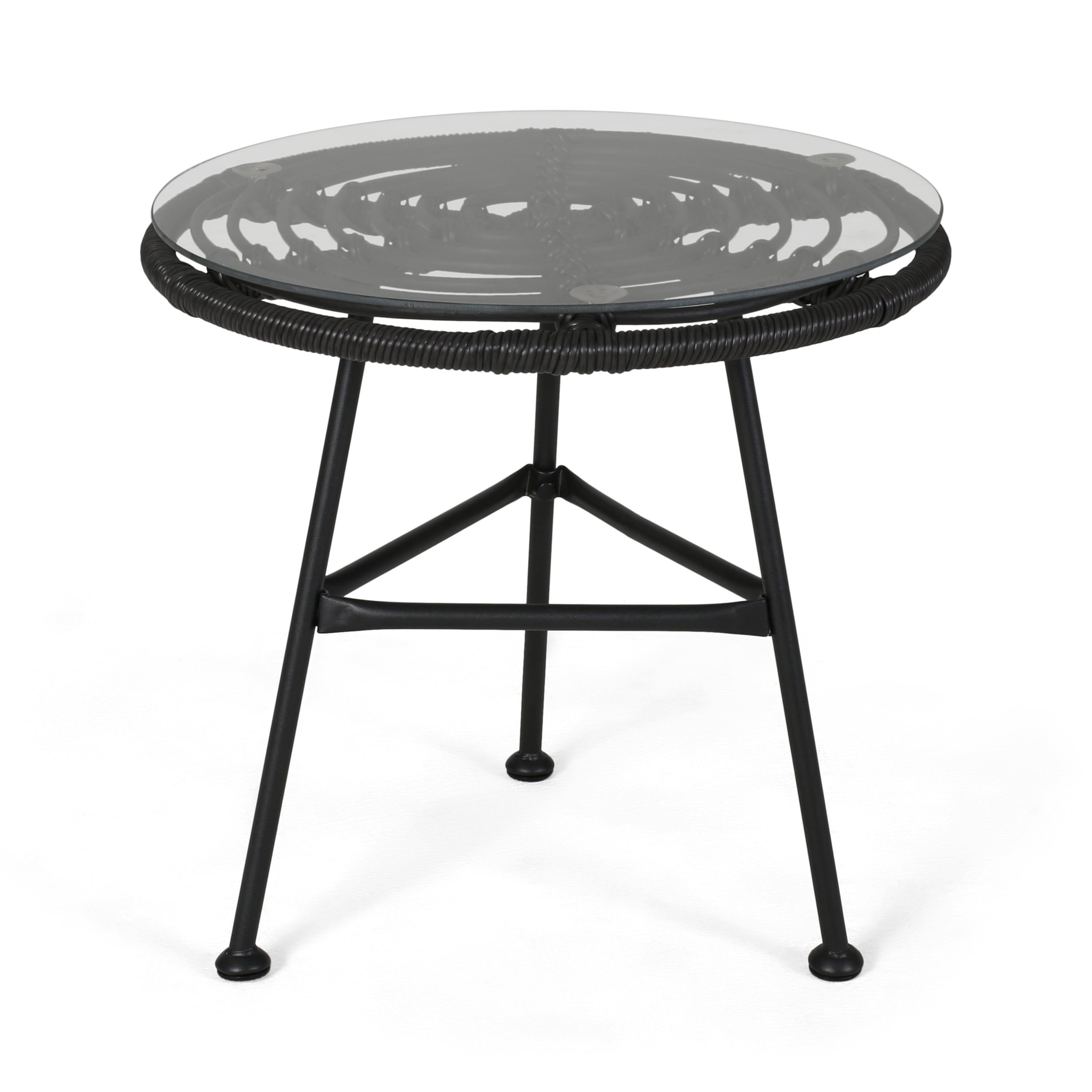 Euroco Modern Round Outdoor Side Table, Rattan Woven Top with Tempered Glass, Steel Frame