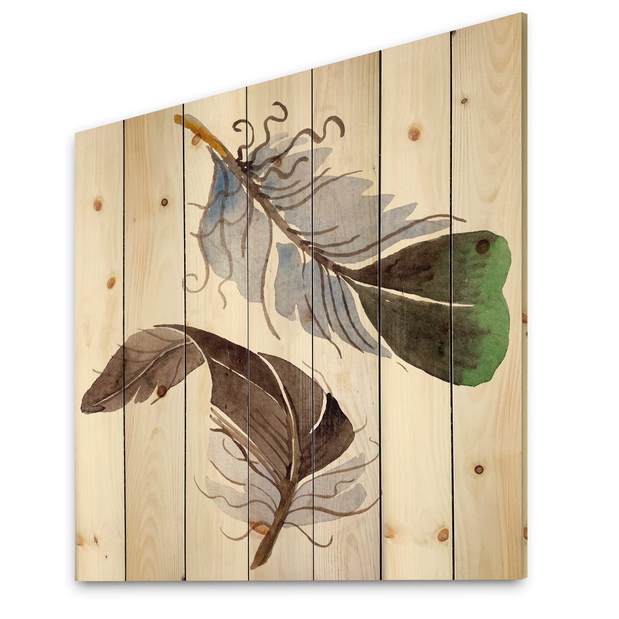 Designart 'Abstract Green Bird Feather From Wing' Bohemian & Eclectic Print on Natural Pine Wood