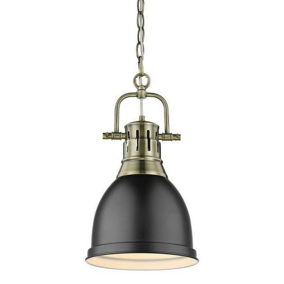Duncan Small Pendant with Chain in Aged Brass with a Matte Black Shade