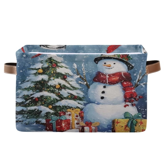 1-Pack Square Closet Organizers with Handles Open Basket Bins Christmas Scene with Snowman Storage Basket for Home Office