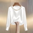 thumbnail image 7 of ManxiVoo Women Pearl Detail Satin Top Long Sleeve Crew Neck Blouse Elegant Fall Work Shirt Luxe Feel Blouse S Size White, 7 of 7