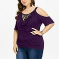 thumbnail image 2 of Odeerbi Plus Size Lace Tops for Women Off The Shoulder Blouse 2025 Fashion Solid Cold Shoulder T-shirt Purple, 2 of 9