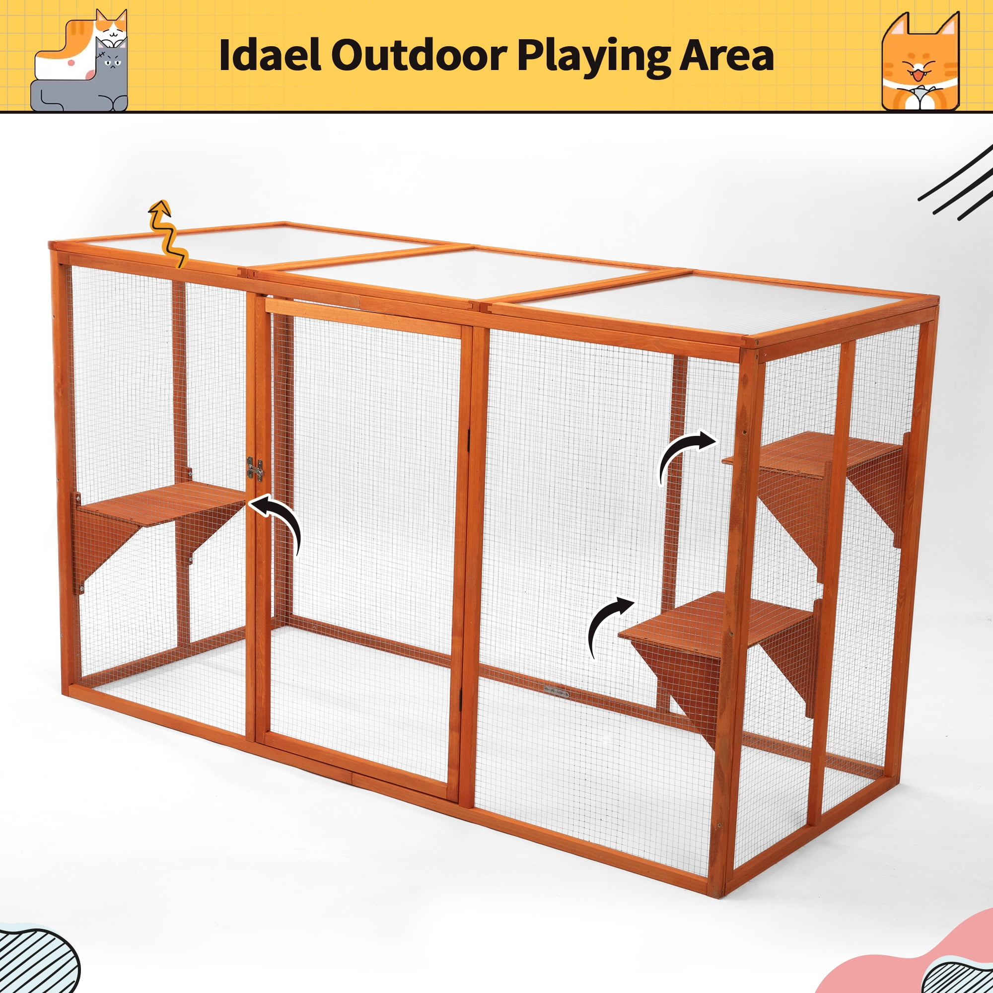 COZIWOW Outdoor Cat House, Wood Cat Catio with Platforms, Lockable Enter Door, Sunshine Panel, Cat Patio Cage Enclosure for Backyard Garden, Orange