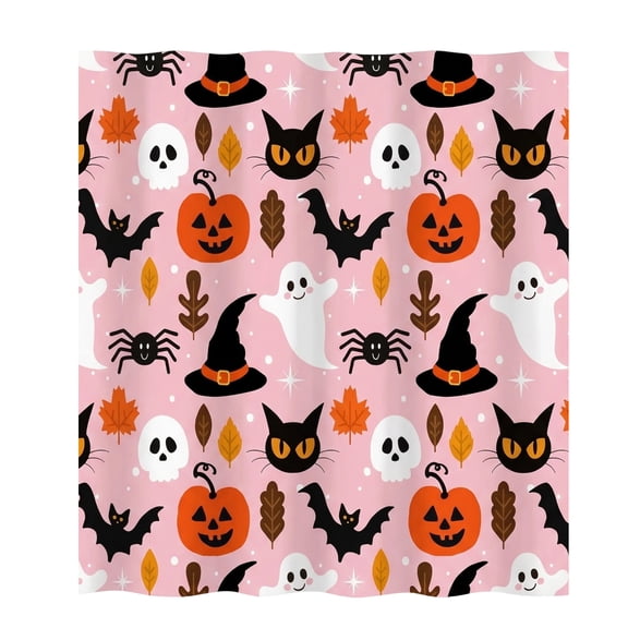 Halloween Shower Curtain, Pink Ghost Pumpkin Black Cat Pattern, Waterproof Polyester Bathroom Decor 47.2x70.9 inch, Spooky Party Supplies