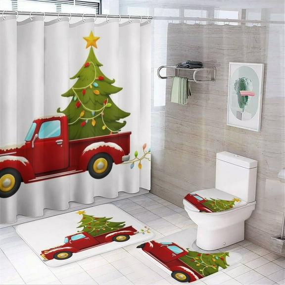 Red Truck with Christmas Tree Shower Curtain Set Modern Bathroom Decor Mats 4pcs Fabric Bathroom Curtain Slip Floor Rug Toilet Lid