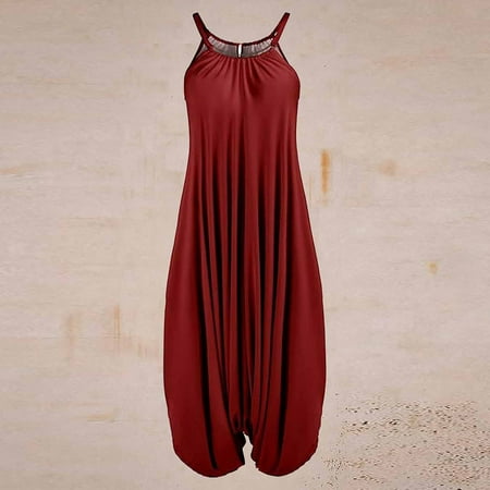 

Quealent Workout Jumpsuits For Women Jumpsuits For Women Dressy Sleeveless Spaghetti Strap Romper Elastic Waist Pant Vintage Red XXL