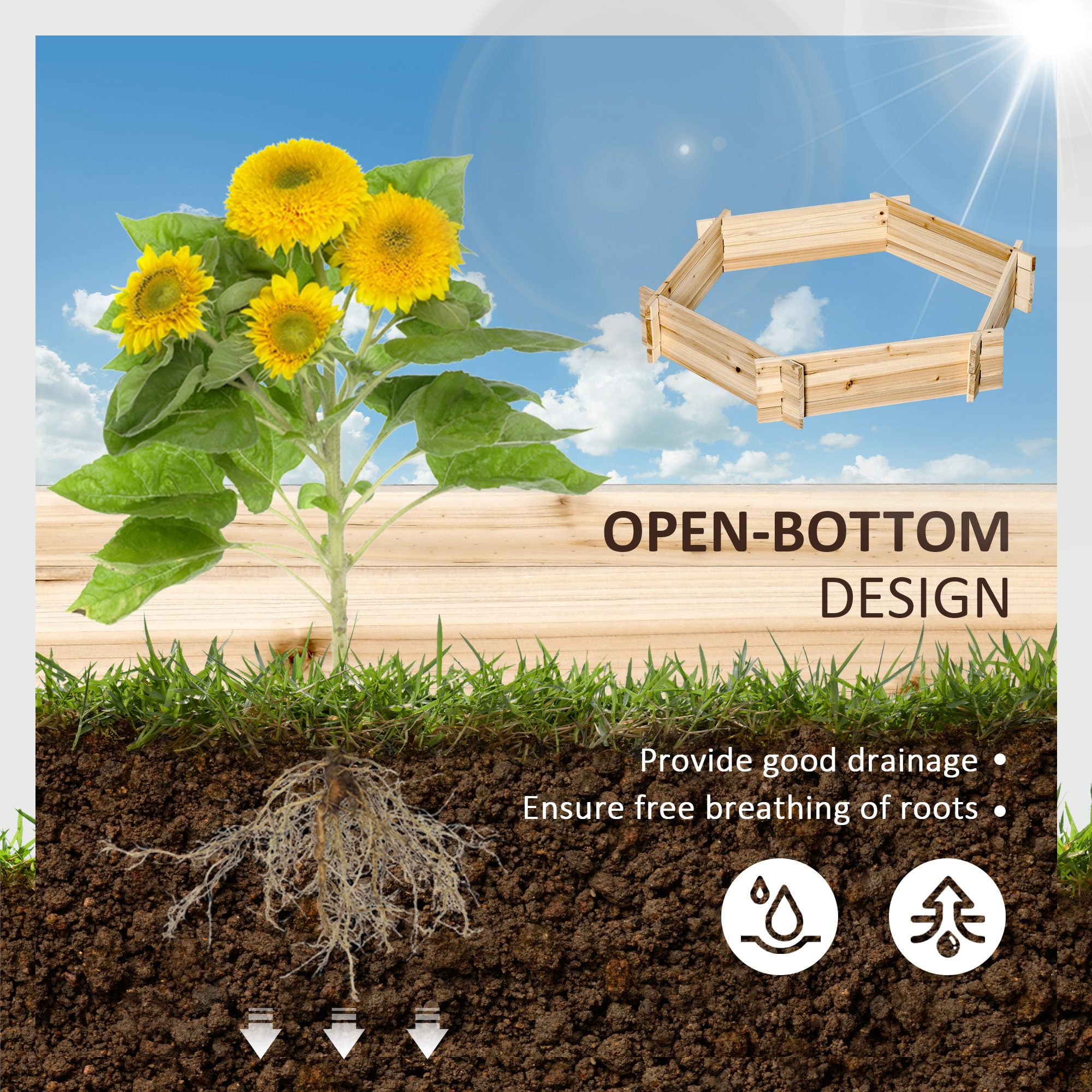 Wooden Raised Garden Bed, Hexagon Screwless Planters for Outdoor Plants, Vegetables, Flowers, Herbs, 39" x 36" x 6", Natural Wood