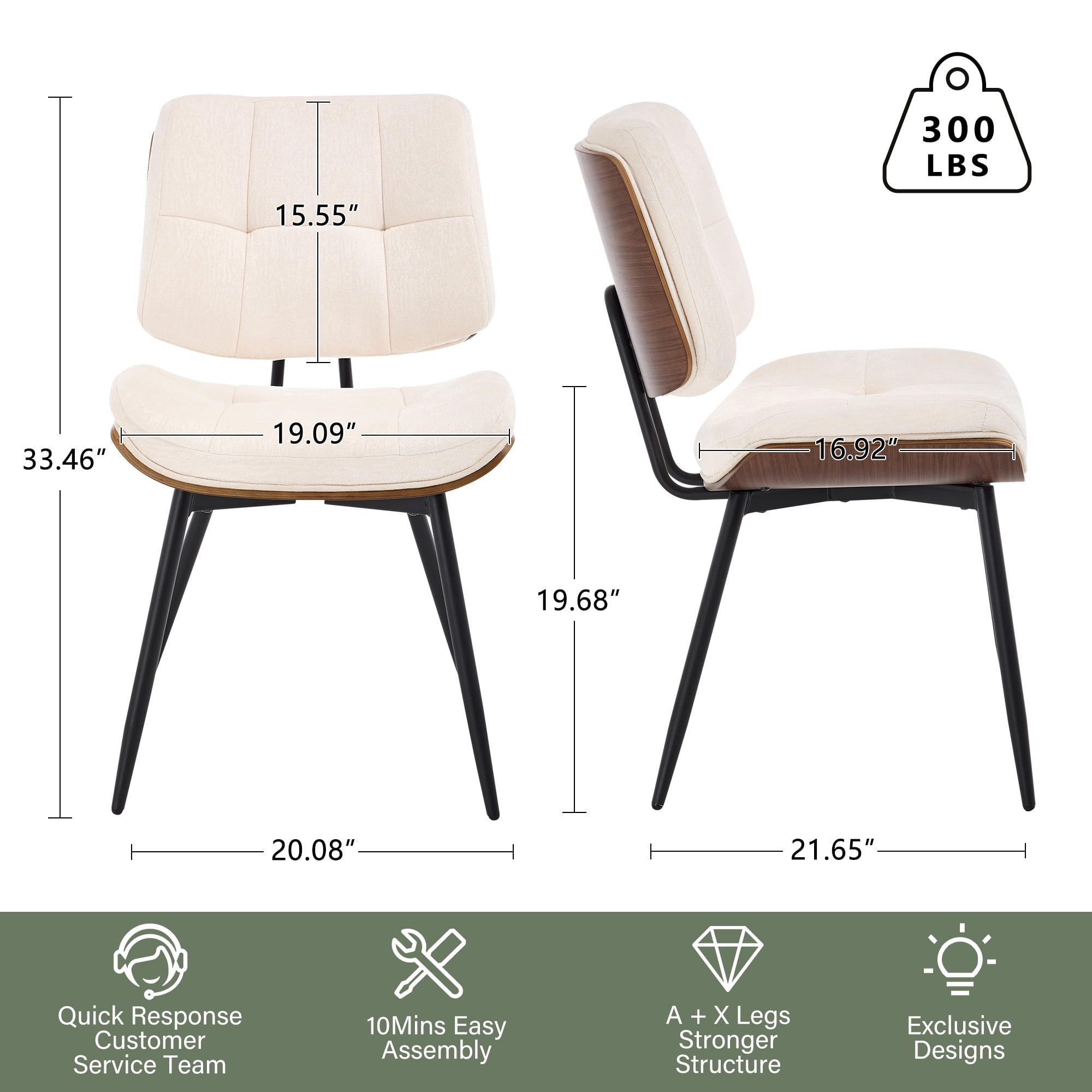 Dining Chairs Set of 4, Mid-Century Modern Kitchen & Dining Chairs, Fabric Upholstered Accent Chairs with Metal Legs, Walnut Style Armless Side Chairs for Guest Reception Waiting Room, Beige