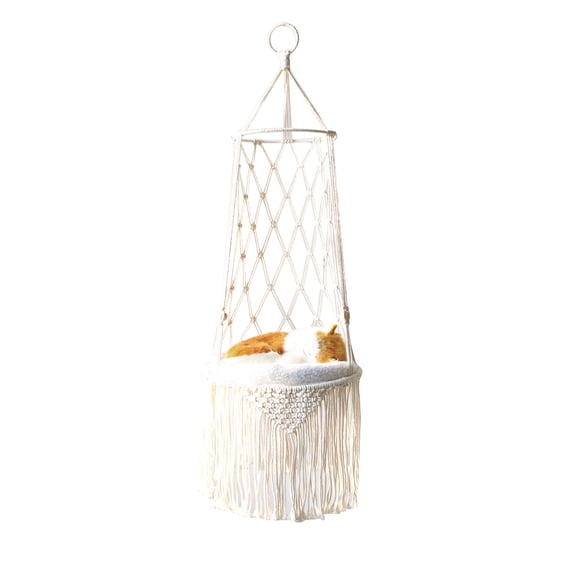Hanging Macrame Cat Hammock, Boho Cotton Rope Kitty Swing Bed for Cats & Small Dogs, Space-Saving Pet Sleeping and Play Hammock, Indoor Home Décor