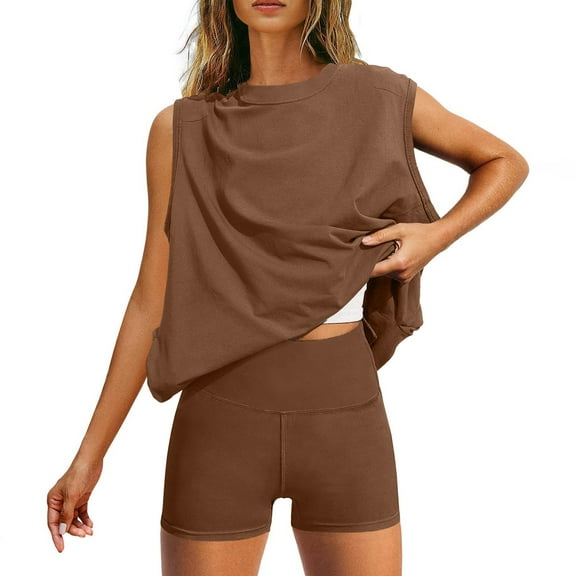 LYXSSBYX Two Piece Sets for Women Summer Women's Solid Color Loose Top Tight Fitting Shorts Sports and Leisure Set Sleeveless Round Neck Top/shirt Set