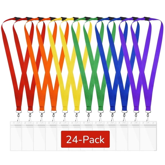 24-pack Rainbow Breakaway Lanyards with Waterproof Badge Holders, Metal Hook, Polyester Neck Straps for ID Cards, Events, Office, and Schools