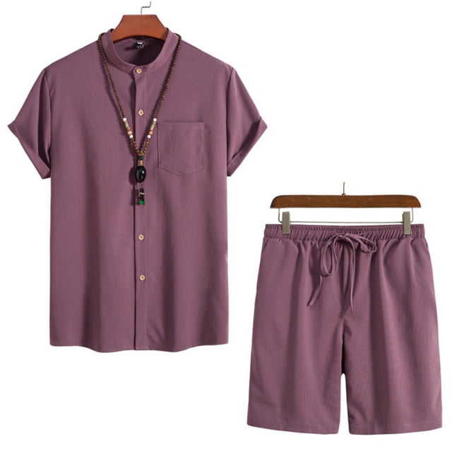 Qiopertar Liquidation à Moins de 5$ Ensemble 2 Pcs d'Été pour Hommes Col Montant Mode Chemise Décontractée Manches Courtes et Shorts Ensemble Col Rabattu en Liquidation Offres d'Accès Anticipé
