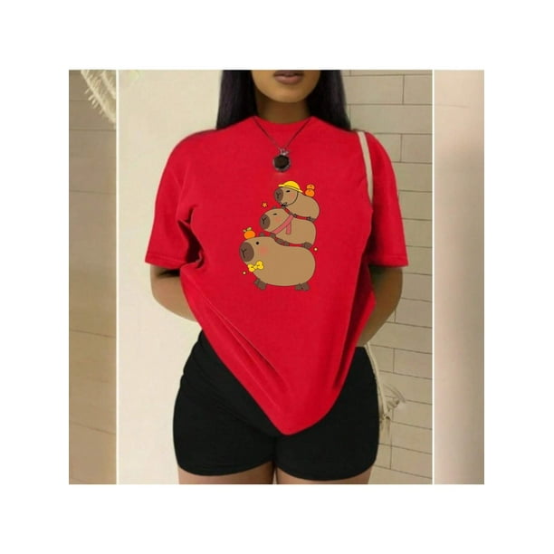 Playera Blusa De Familia Capybara Ropa Para Mujer Capibara Color Rojo Talla Mediana Marca Emil SaEs
