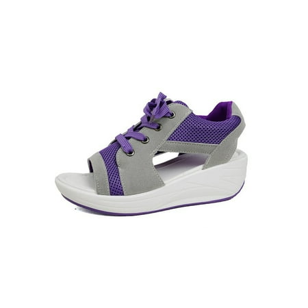

Lumento Ladies Platform Shoe Mesh Wedge Sandals Thick Sole Sport Sandal Non-Slip Summer Sneakers Outdoor Cutout Lace Up Casual Shoes Purple 7